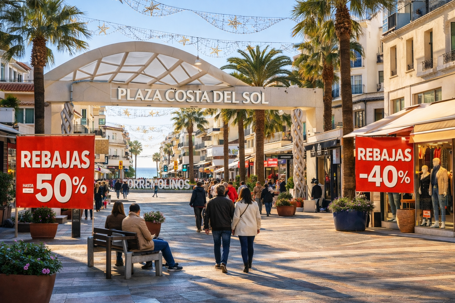 Plaza Costa del Sol de Torremolinos durante las rebajas de invierno, con comercios locales, carteles de descuentos y ambiente comercial.