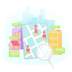 Ilustración conceptual de SEO local que muestra un mapa digital con pines de ubicación rojos sobre edificios, burbujas de valoración con estrellas verdes y una lupa de búsqueda, representando la gestión de un perfil de Google Business para atraer clientes de paso en Torremolinos.