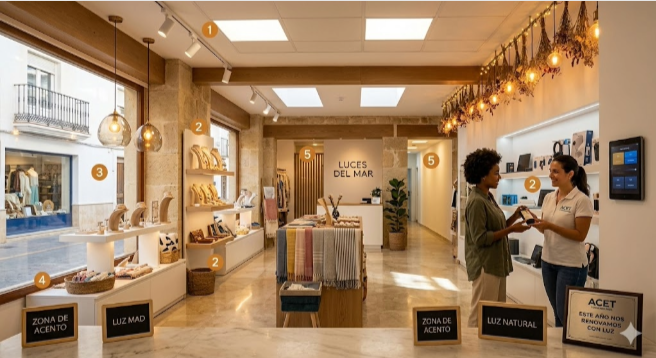 Fotografía del interior de un comercio moderno y bien iluminado en Torremolinos, que ejemplifica los consejos para optimizar la iluminación de tu local. Se aprecian focos LED empotrados en el techo para la luz general, proyectores de carril para la iluminación de acento en estanterías con productos artesanales, y lámparas colgantes decorativas con bombillas de filamento cálido. En la escena, una empleada con polo de la ACET atiende sonriente a una clienta junto a un mostrador donde se ven pequeños letreros explicativos y una placa de la asociación. Asociacion de comerciantes y empresarios de torremolinos ACET