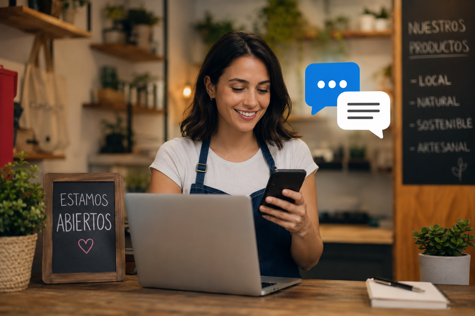 Propietaria de un pequeño comercio sonríe mientras consulta su teléfono móvil junto a un ordenador portátil, con iconos de mensajes y un cartel de «Estamos abiertos». Una entrada para un blog de la ACET Asociacion de Comerciantes y Empresarios de Torremolinos y la entrada se llama Cómo automatizar mensajes de respuesta en redes sociales